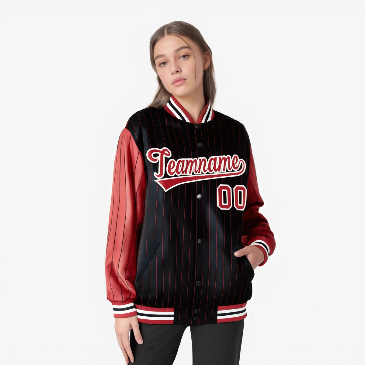 Custom Black Red-Black Personalized Stripe Fashion Letterman Bomber Varsity Jacket