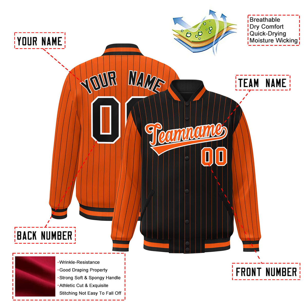 Custom Black Orange-Black Personalized Stripe Fashion Letterman Bomber Varsity Jacket