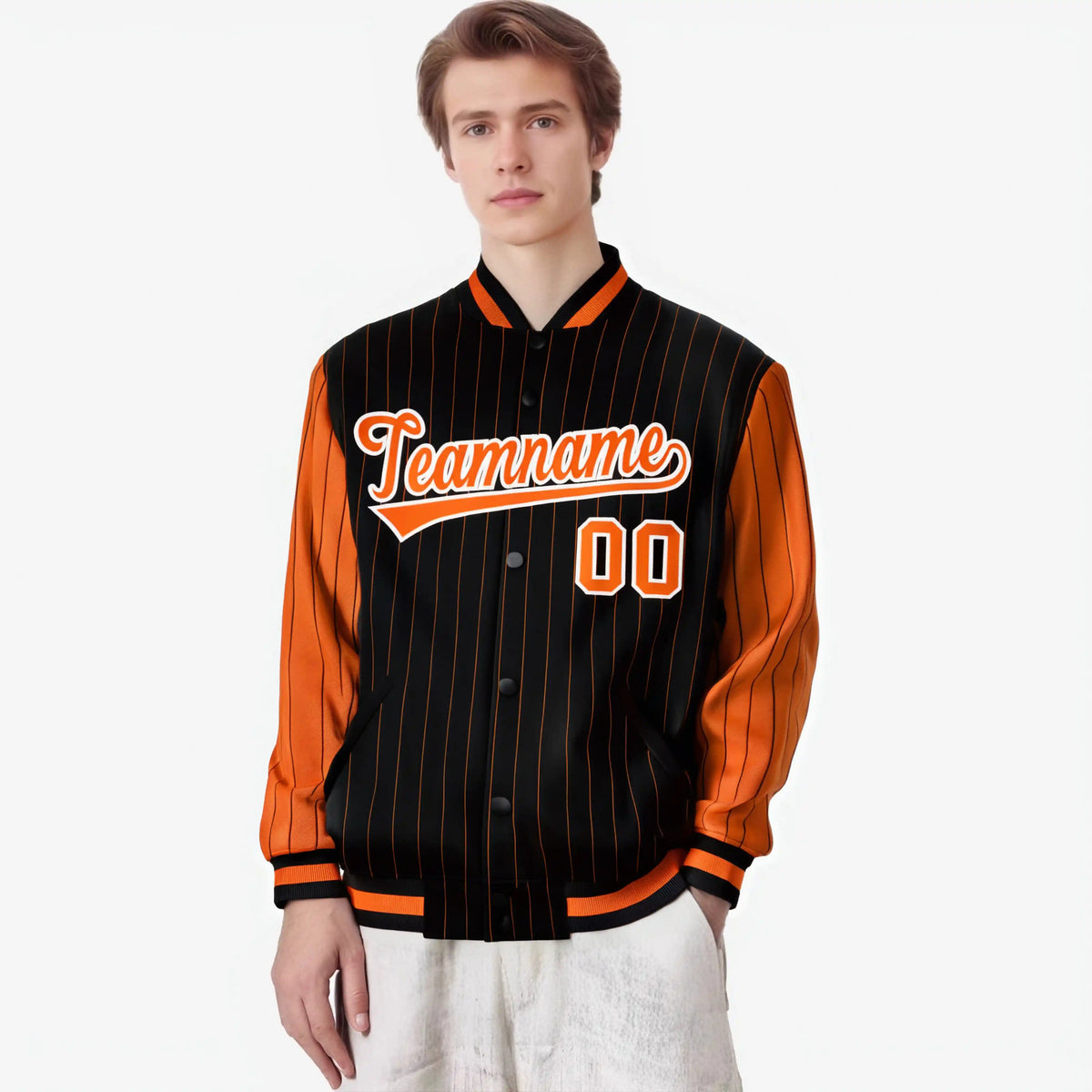 Custom Black Orange-Black Personalized Stripe Fashion Letterman Bomber Varsity Jacket