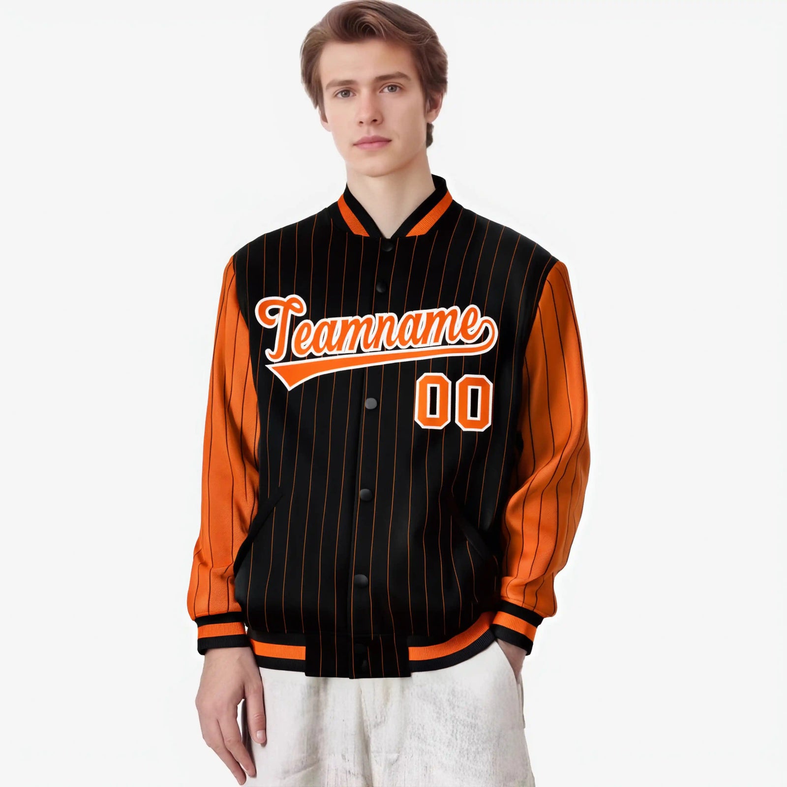 Custom Black Orange-Black Personalized Stripe Fashion Letterman Bomber Varsity Jacket