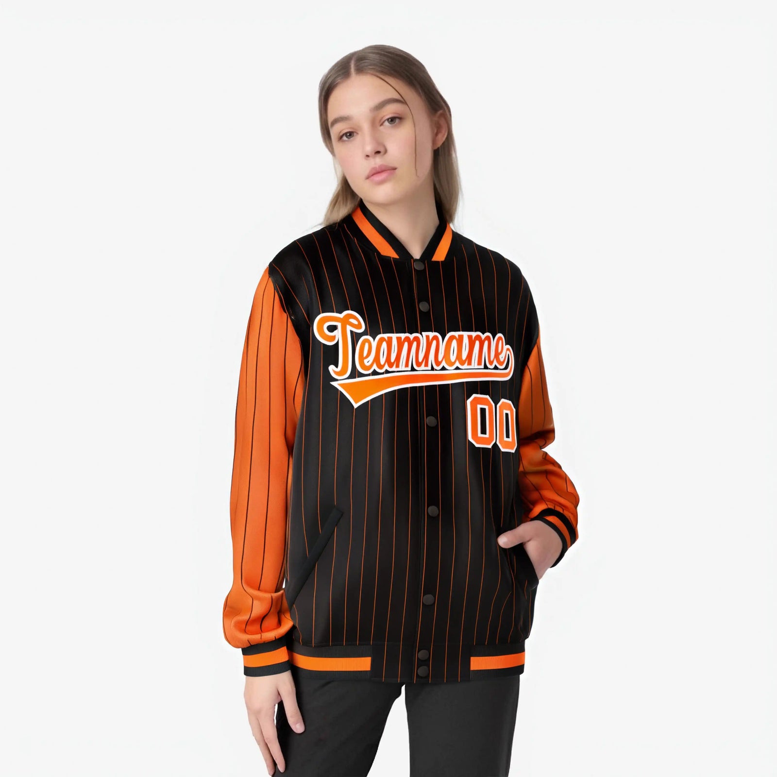 Custom Black Orange-Black Personalized Stripe Fashion Letterman Bomber Varsity Jacket