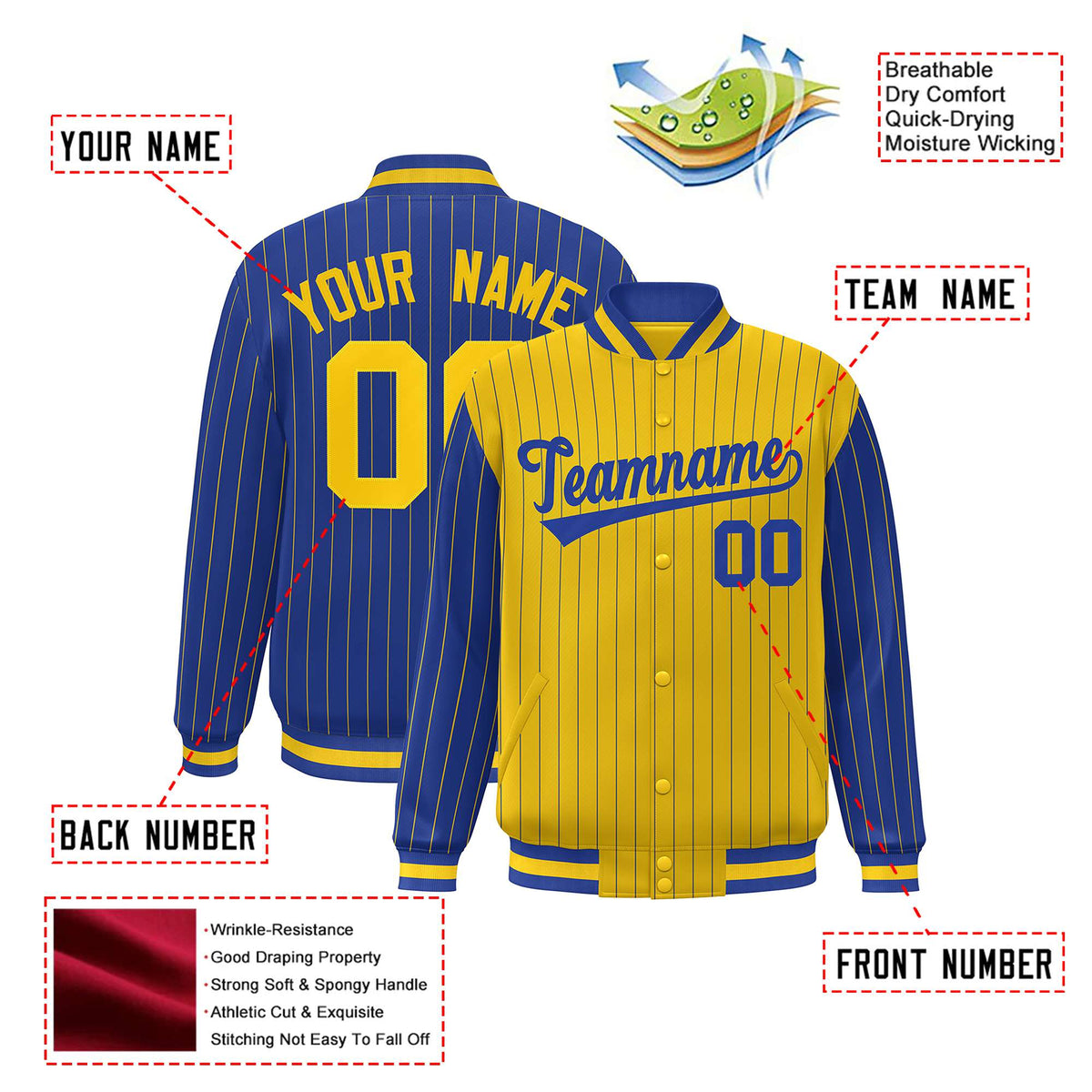 Custom Gold Royal Blue-Gold Personalized Stripe Fashion Letterman Bomber Varsity Jacket