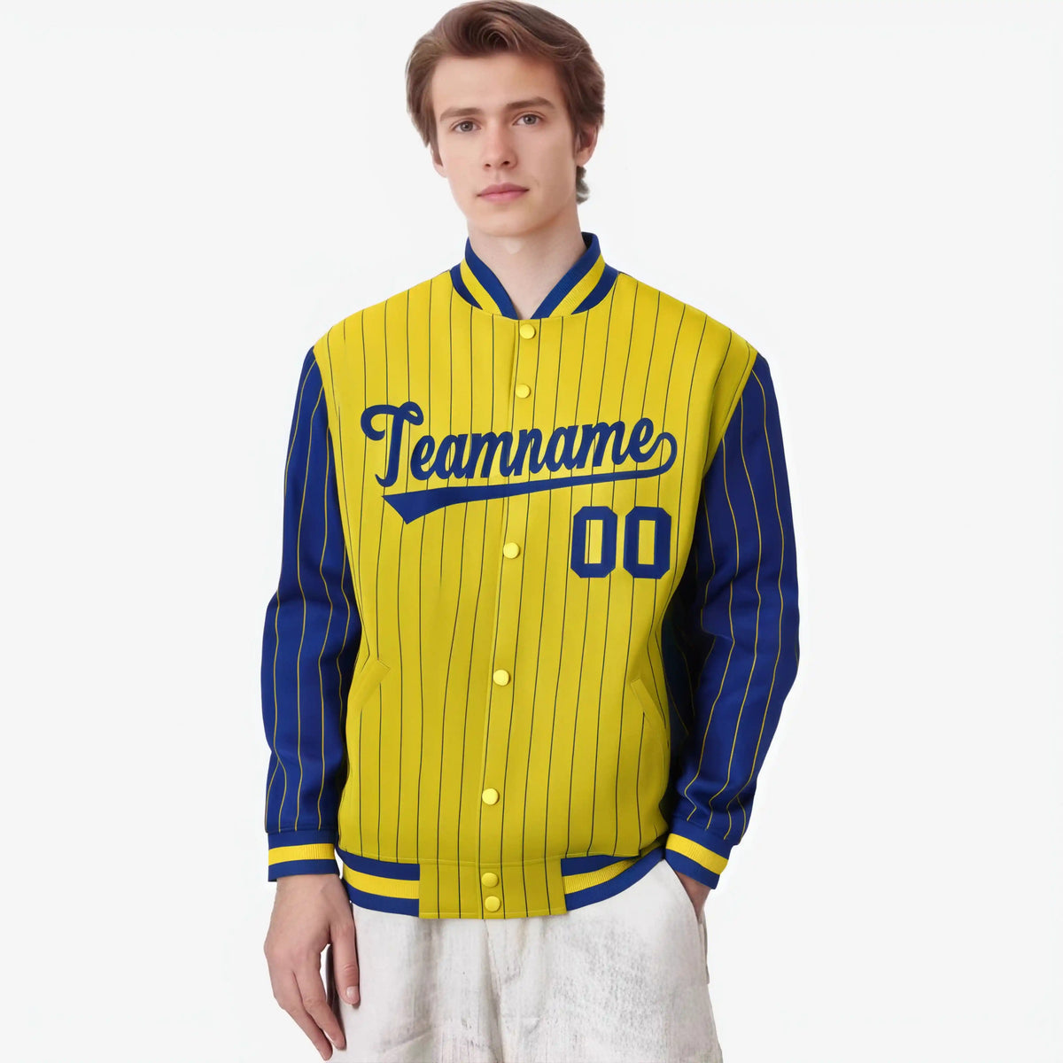 Custom Gold Royal Blue-Gold Personalized Stripe Fashion Letterman Bomber Varsity Jacket