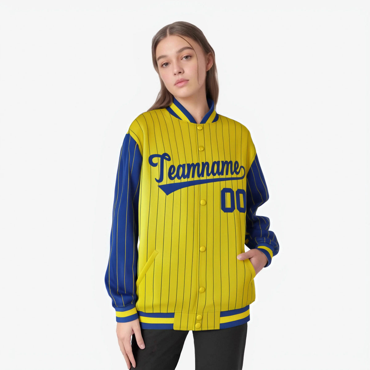 Custom Gold Royal Blue-Gold Personalized Stripe Fashion Letterman Bomber Varsity Jacket