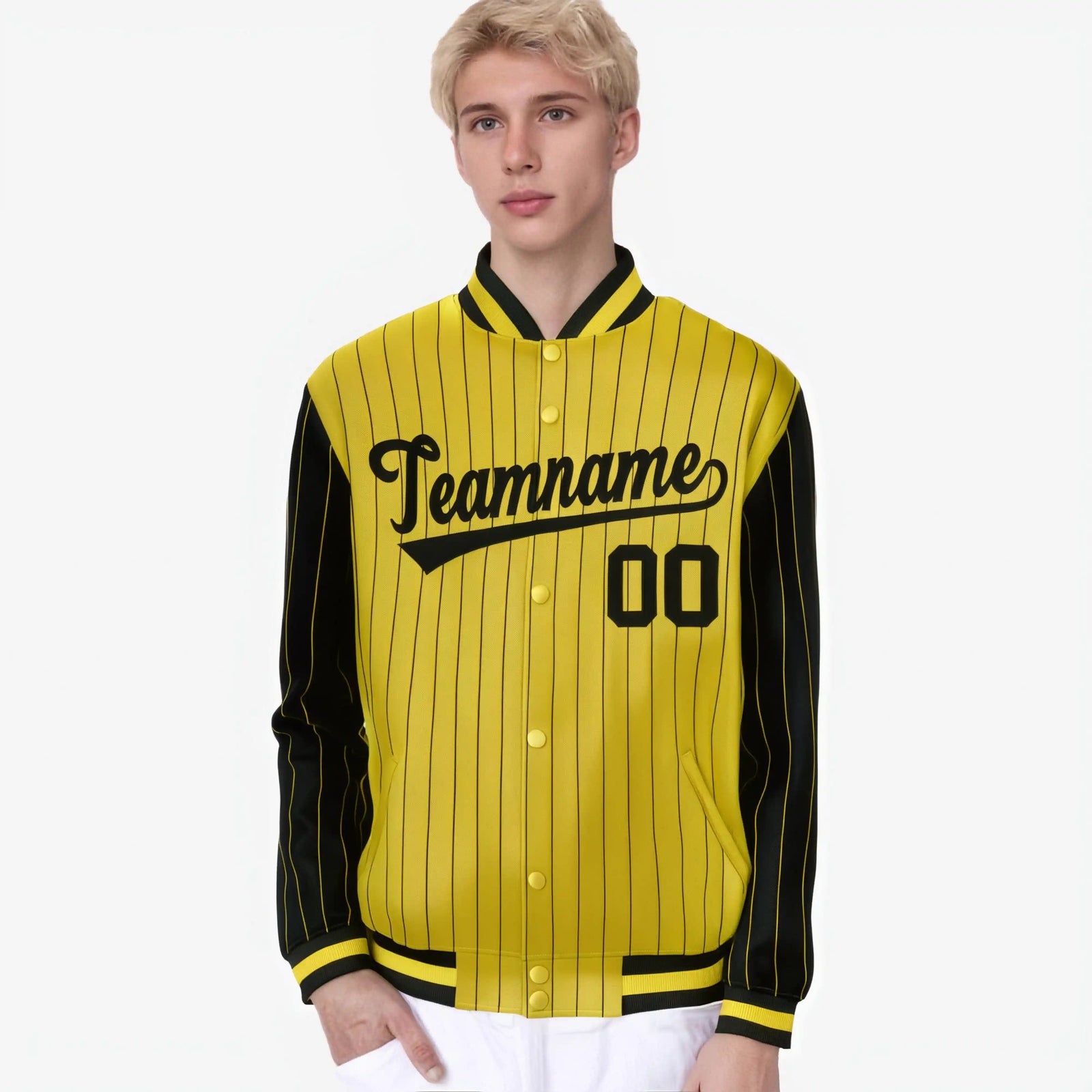 Custom Gold Black-Gold Personalized Stripe Fashion Letterman Bomber Varsity Jacket
