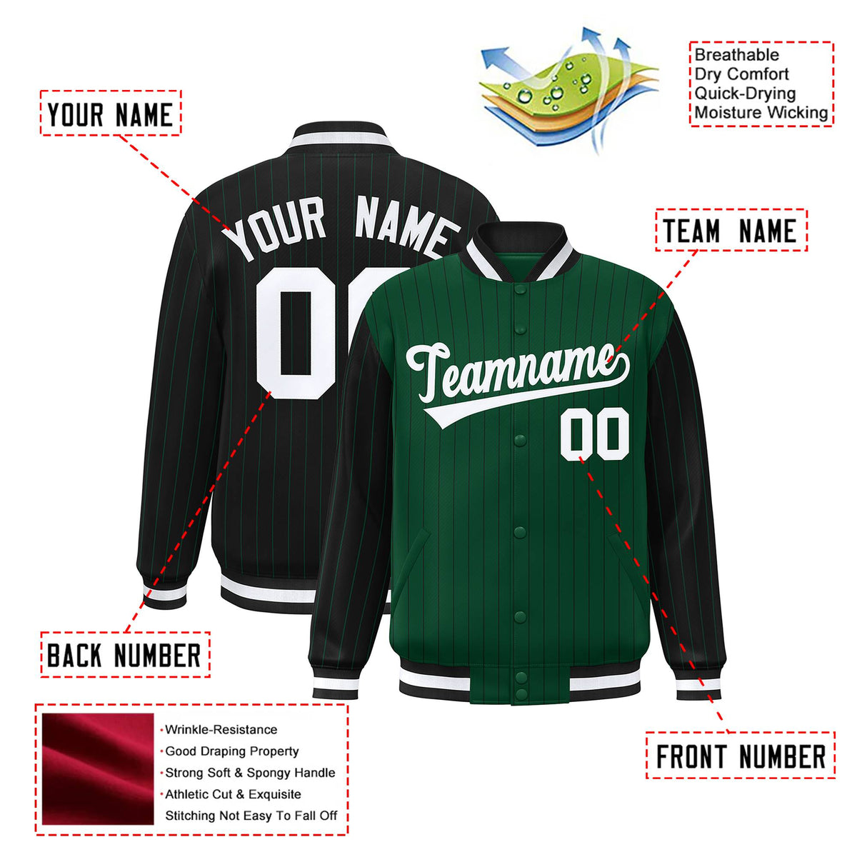 Custom Green Black-Green Personalized Stripe Fashion Letterman Bomber Varsity Jacket