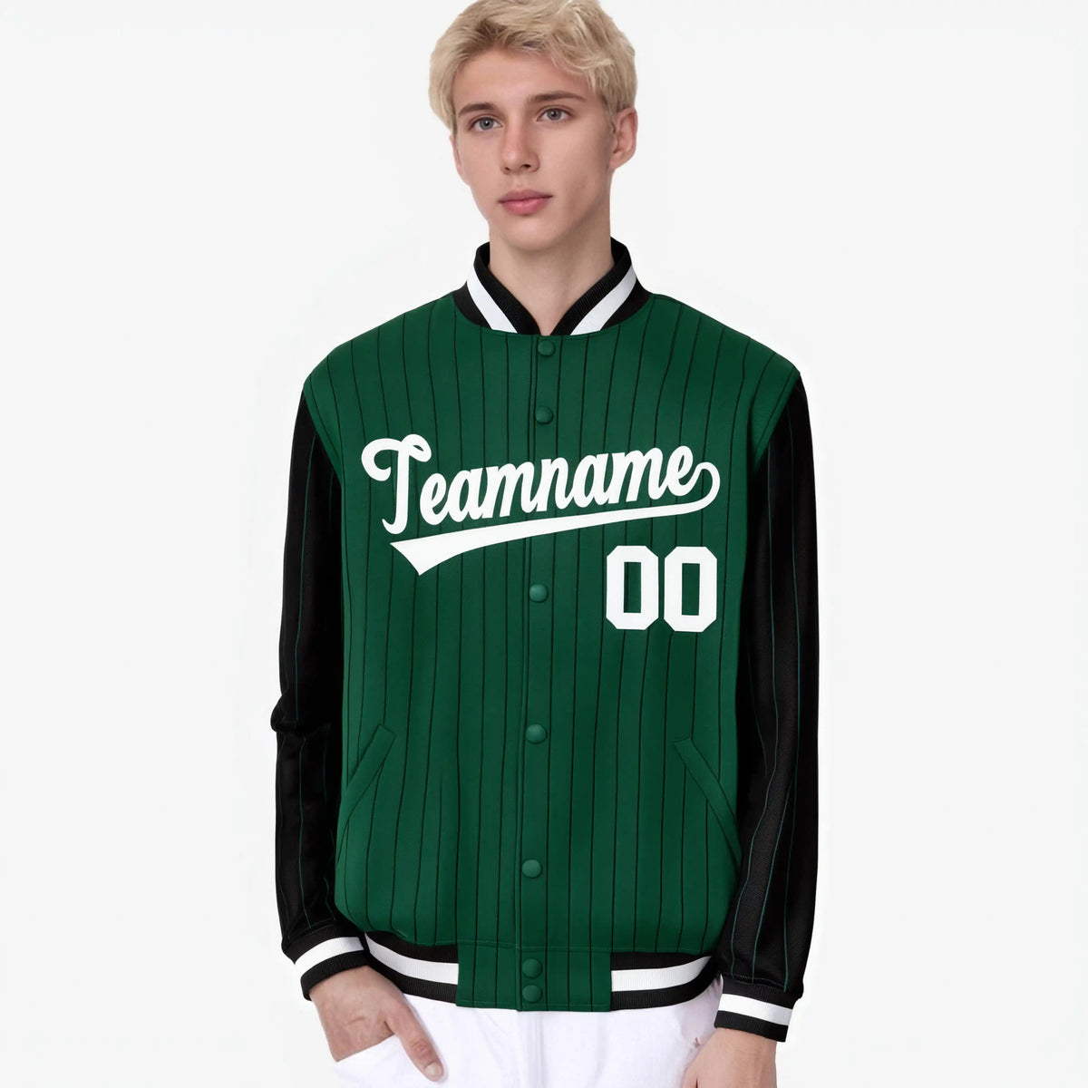 Custom Green Black-Green Personalized Stripe Fashion Letterman Bomber Varsity Jacket
