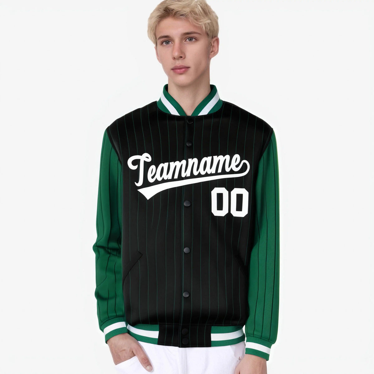 Custom Black Green-Black Personalized Stripe Fashion Letterman Bomber Varsity Jacket