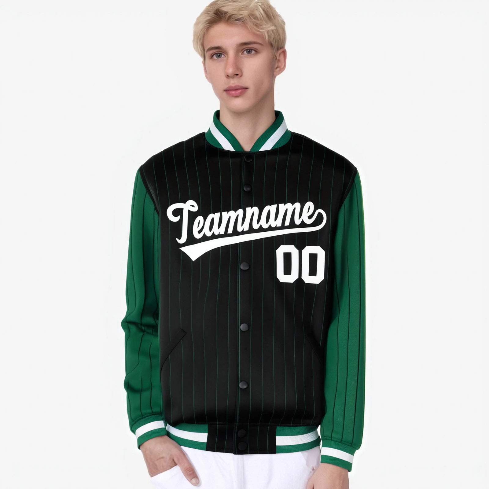 Custom Black Green-Black Personalized Stripe Fashion Letterman Bomber Varsity Jacket