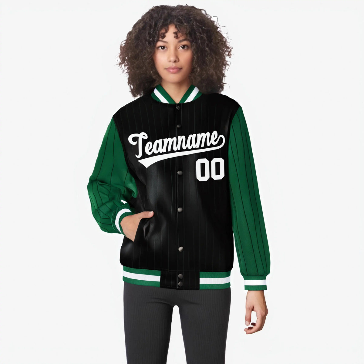 Custom Black Green-Black Personalized Stripe Fashion Letterman Bomber Varsity Jacket