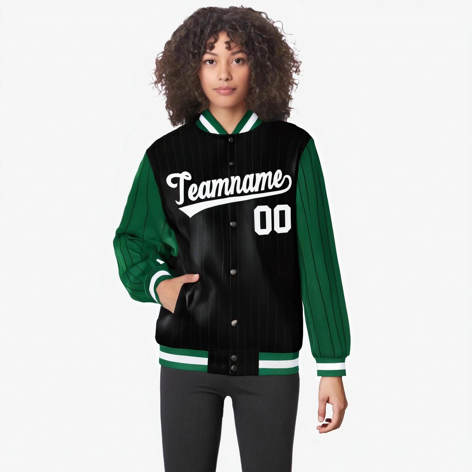 Custom Black Green-Black Personalized Stripe Fashion Letterman Bomber Varsity Jacket