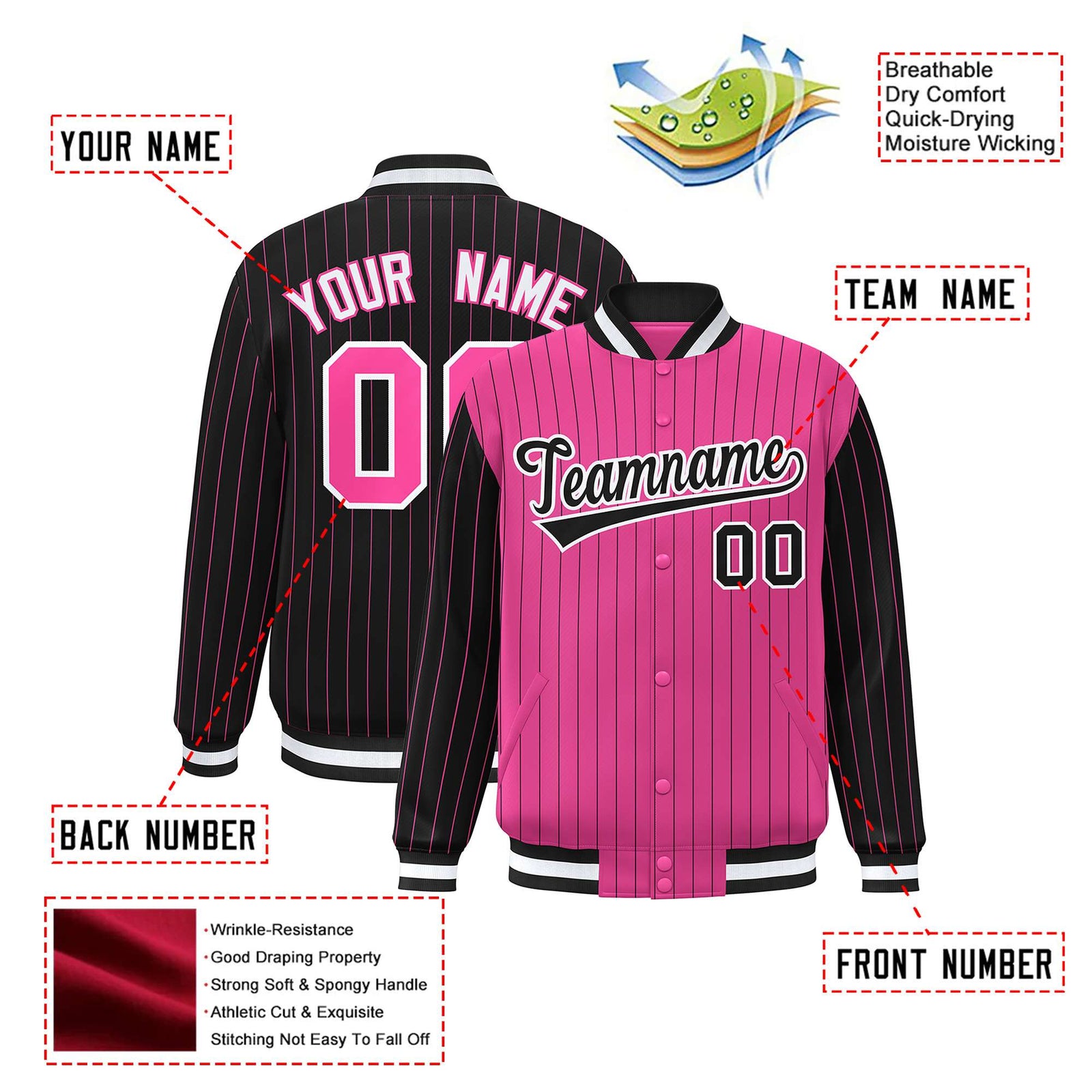 Custom Pink Black-Pink Personalized Stripe Fashion Letterman Bomber Varsity Jacket
