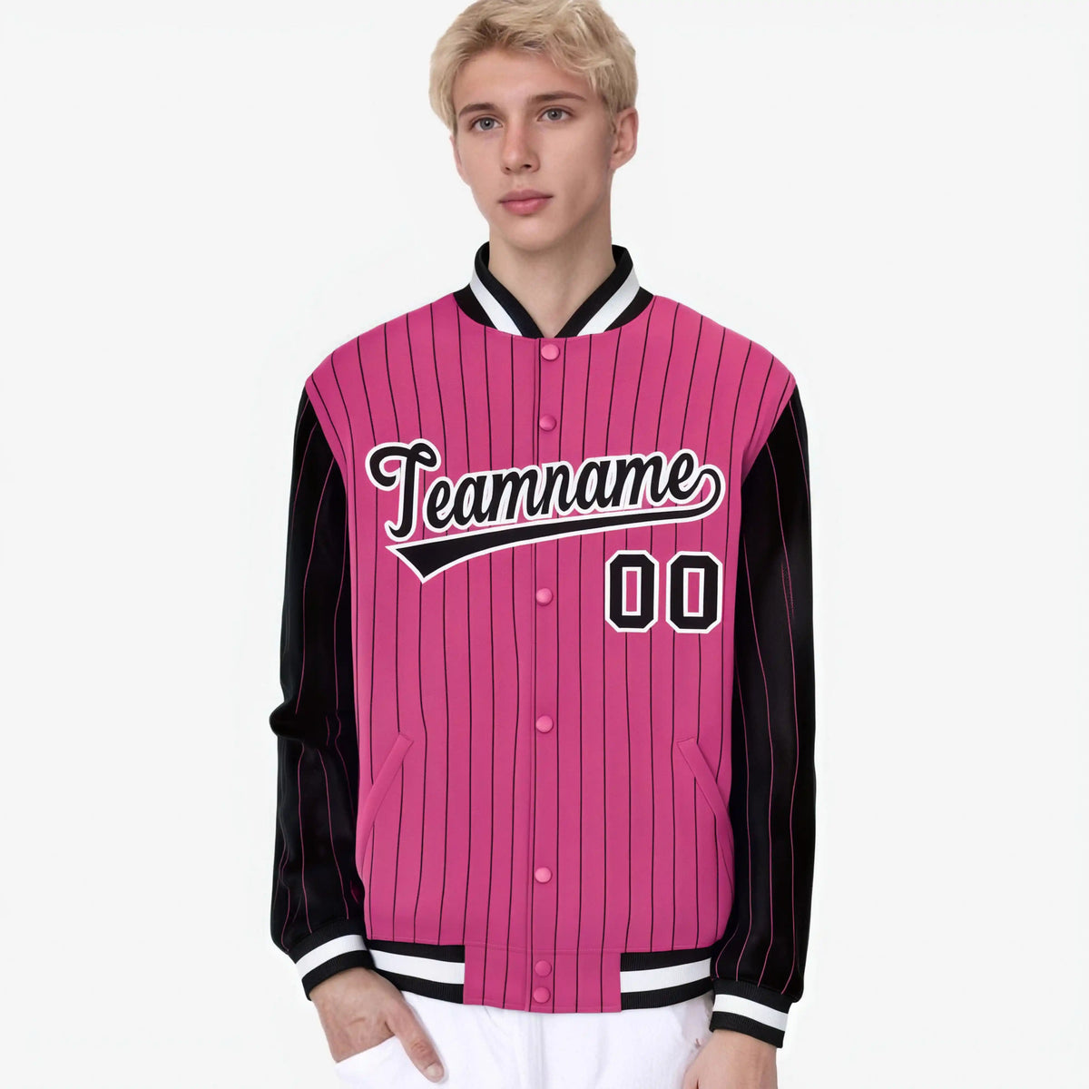 Custom Pink Black-Pink Personalized Stripe Fashion Letterman Bomber Varsity Jacket