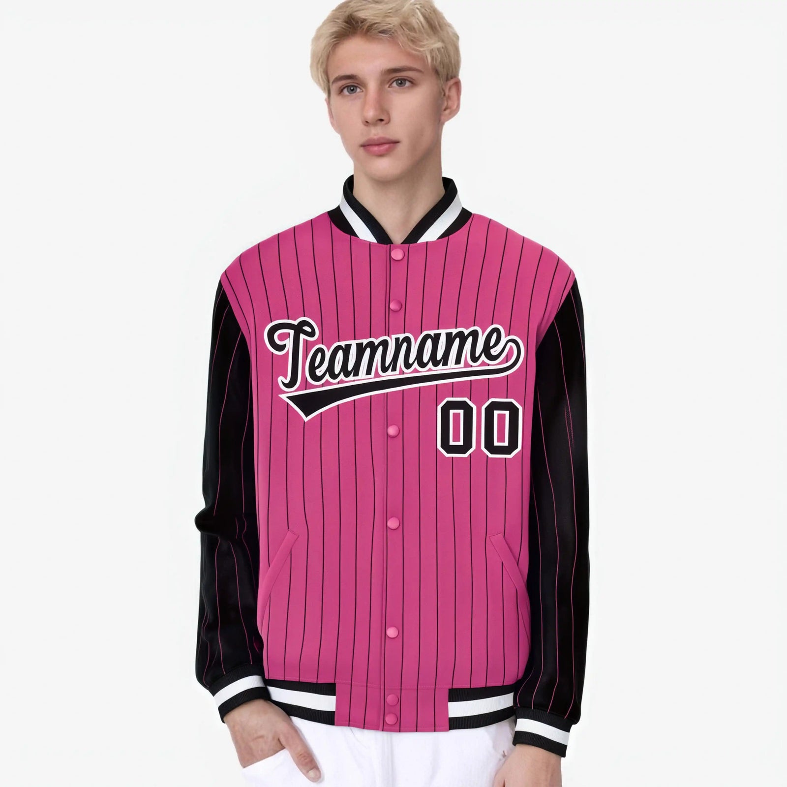 Custom Pink Black-Pink Personalized Stripe Fashion Letterman Bomber Varsity Jacket