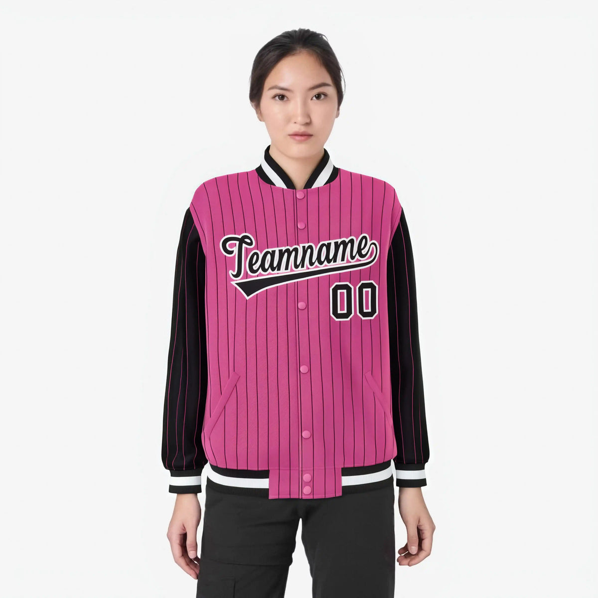 Custom Pink Black-Pink Personalized Stripe Fashion Letterman Bomber Varsity Jacket
