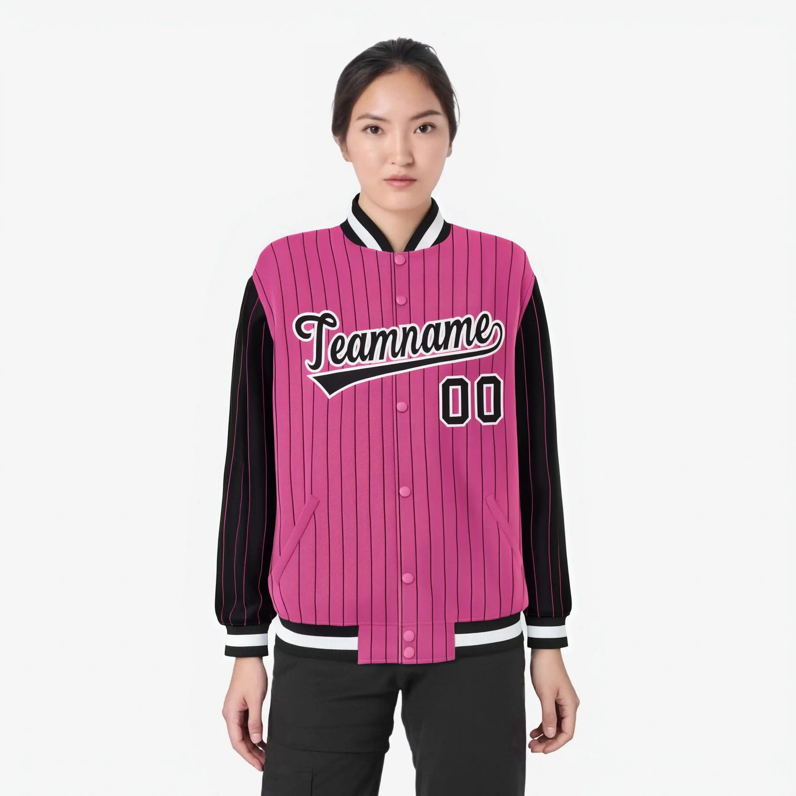 Custom Pink Black-Pink Personalized Stripe Fashion Letterman Bomber Varsity Jacket