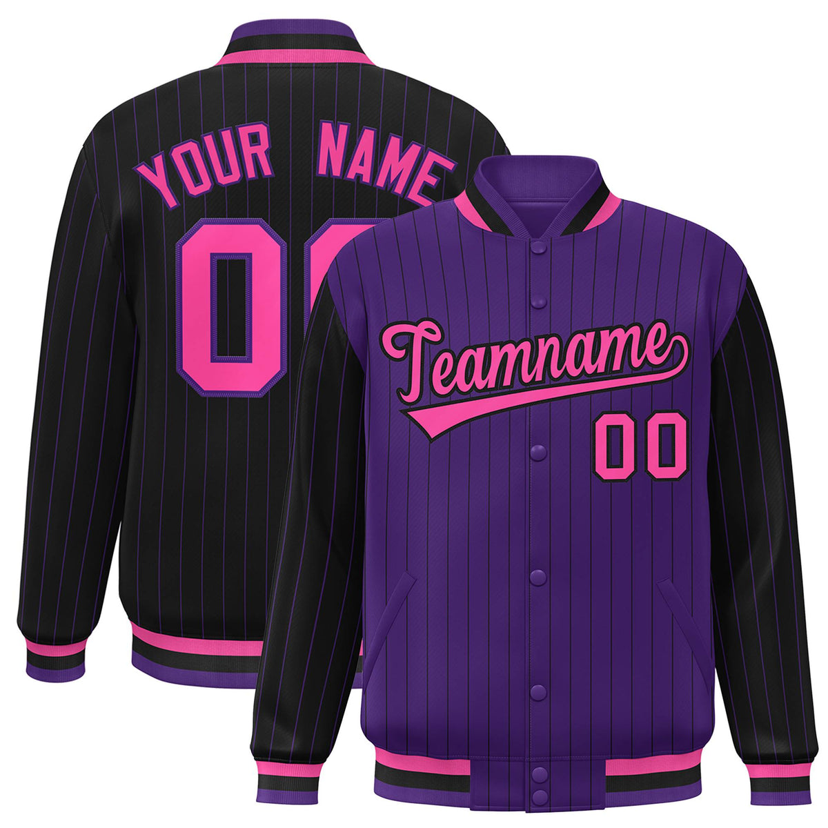 Custom Purple Black-Purple Personalized Stripe Fashion Letterman Bomber Varsity Jacket