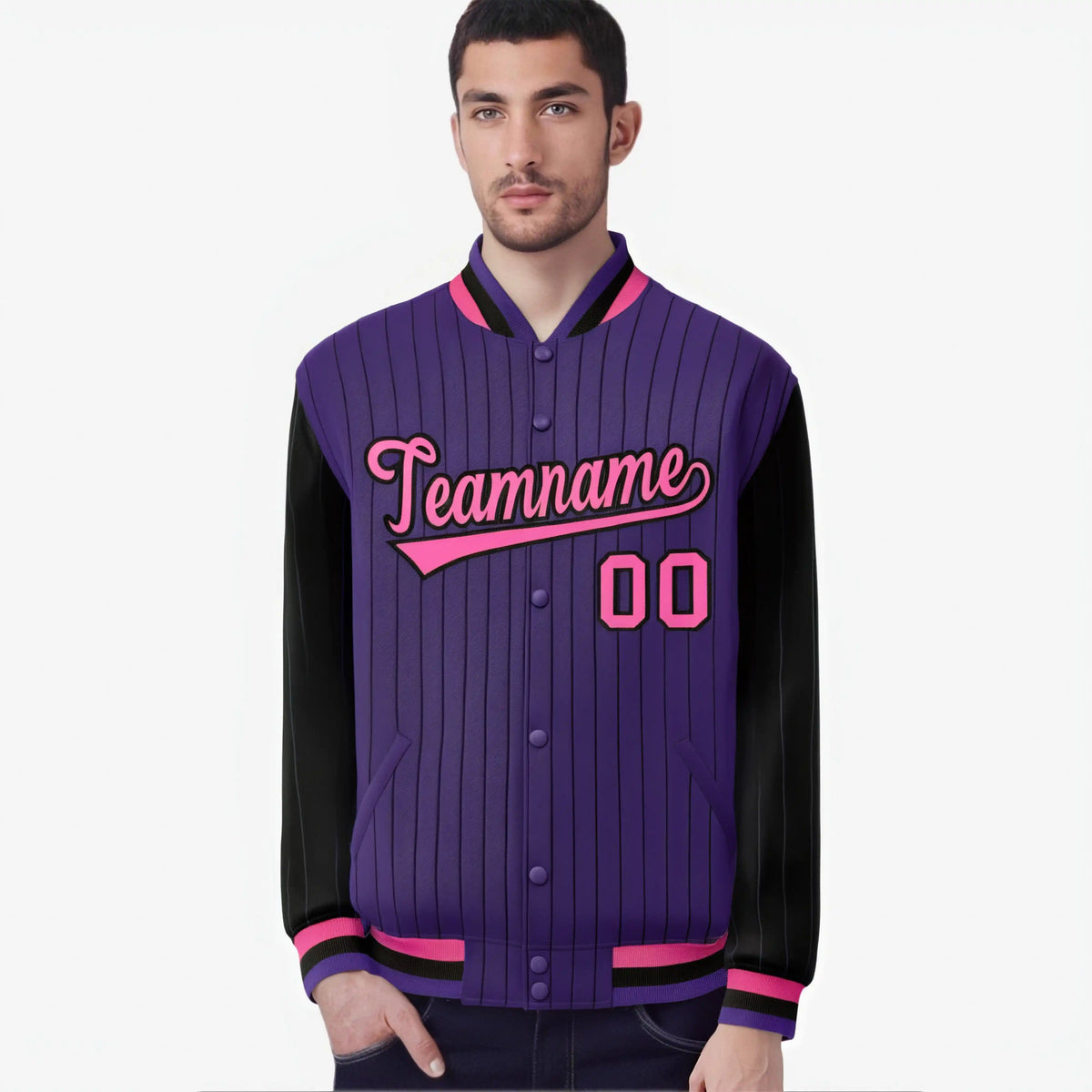 Custom Purple Black-Purple Personalized Stripe Fashion Letterman Bomber Varsity Jacket