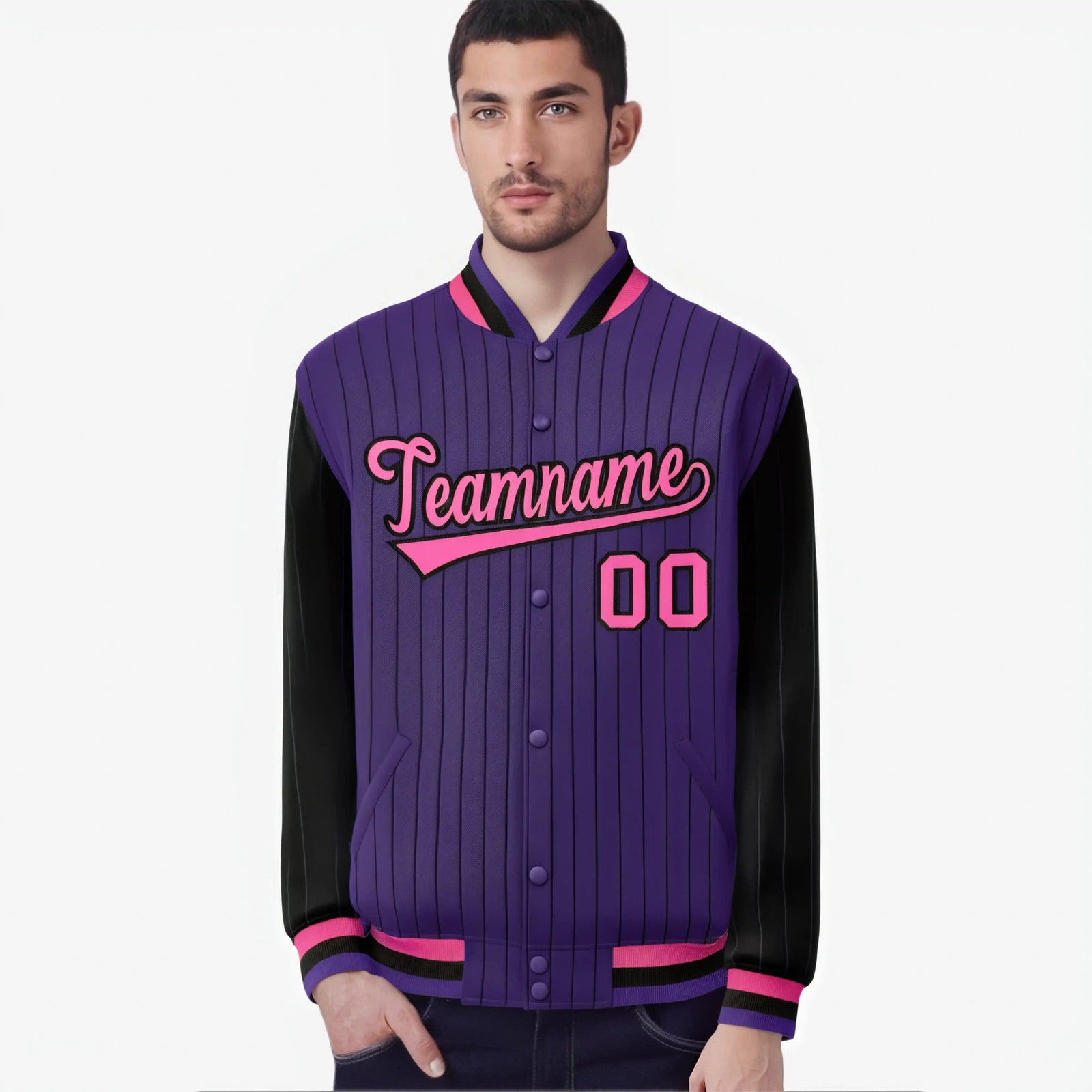 Custom Purple Black-Purple Personalized Stripe Fashion Letterman Bomber Varsity Jacket