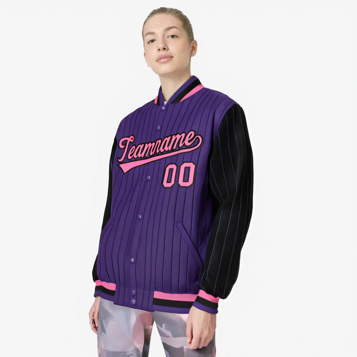 Custom Purple Black-Purple Personalized Stripe Fashion Letterman Bomber Varsity Jacket