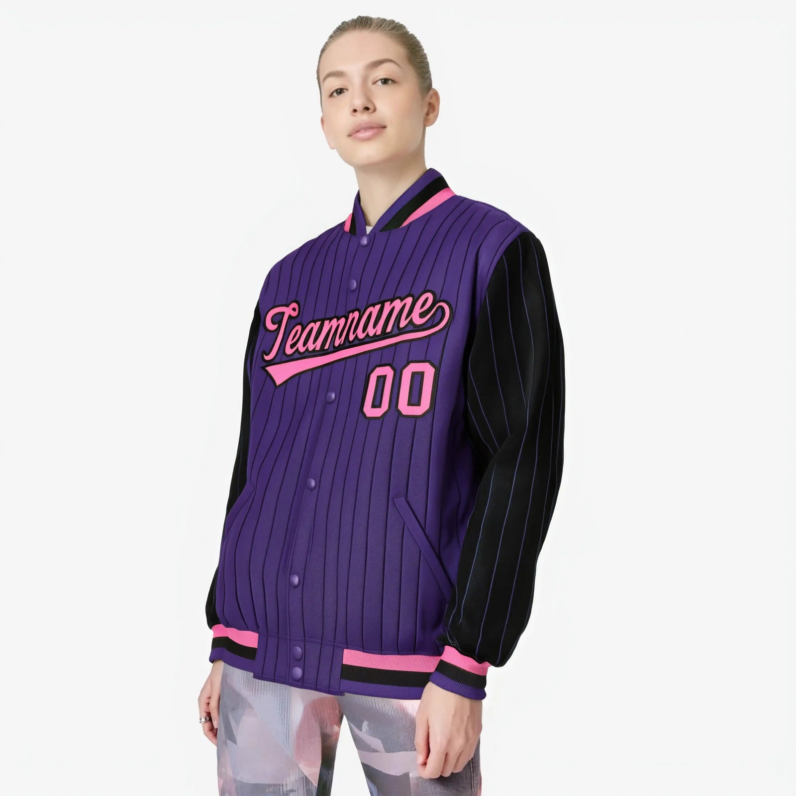 Custom Purple Black-Purple Personalized Stripe Fashion Letterman Bomber Varsity Jacket