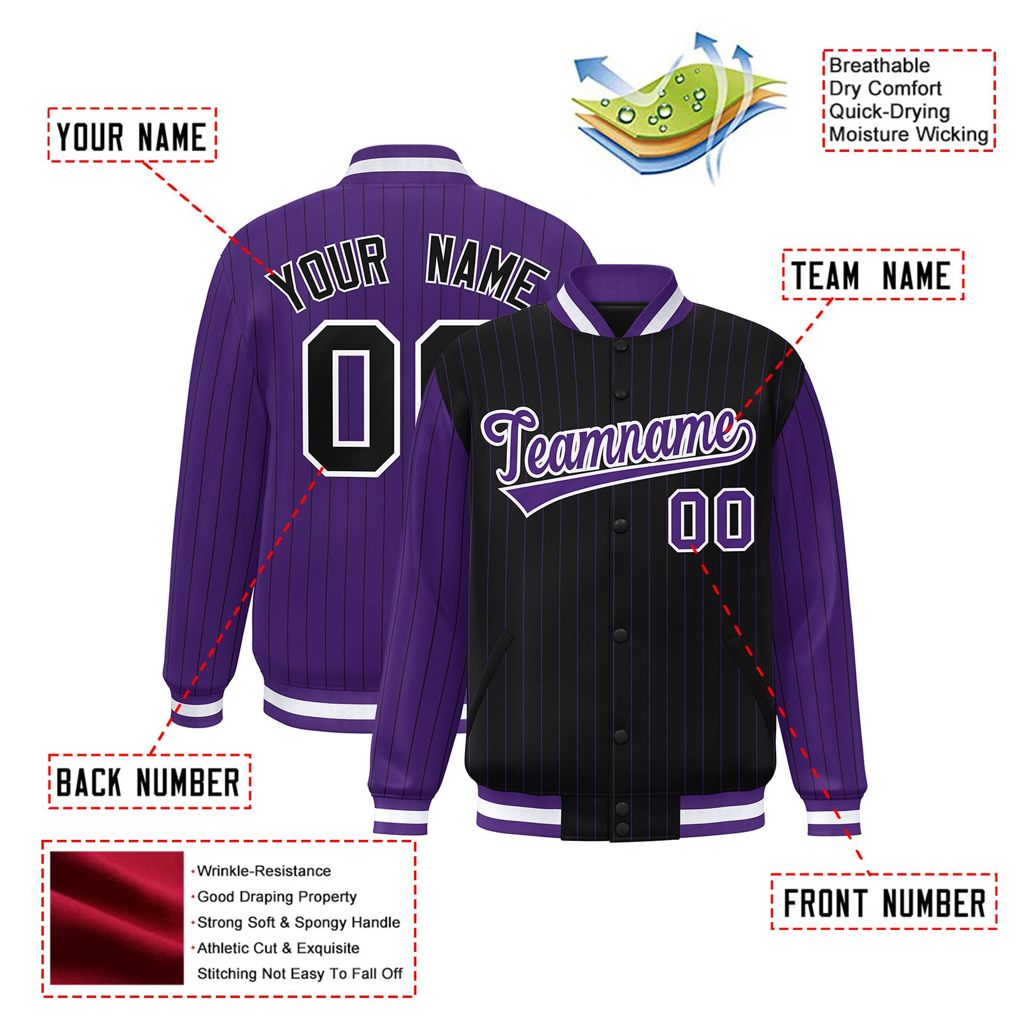 Custom Black Purple-Black Personalized Stripe Fashion Letterman Bomber Varsity Jacket