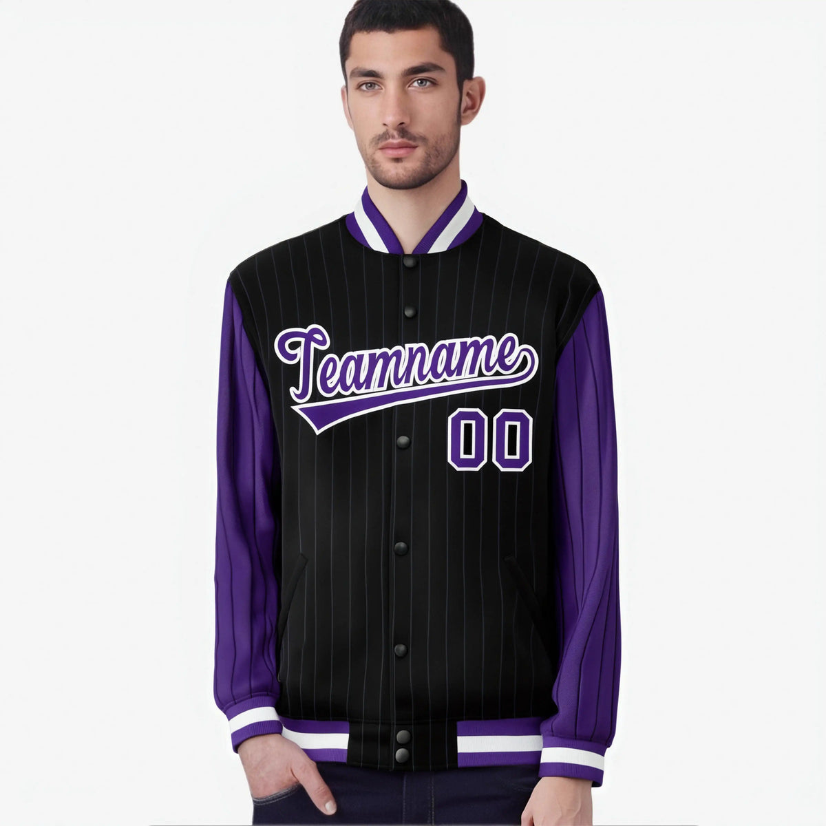 Custom Black Purple-Black Personalized Stripe Fashion Letterman Bomber Varsity Jacket