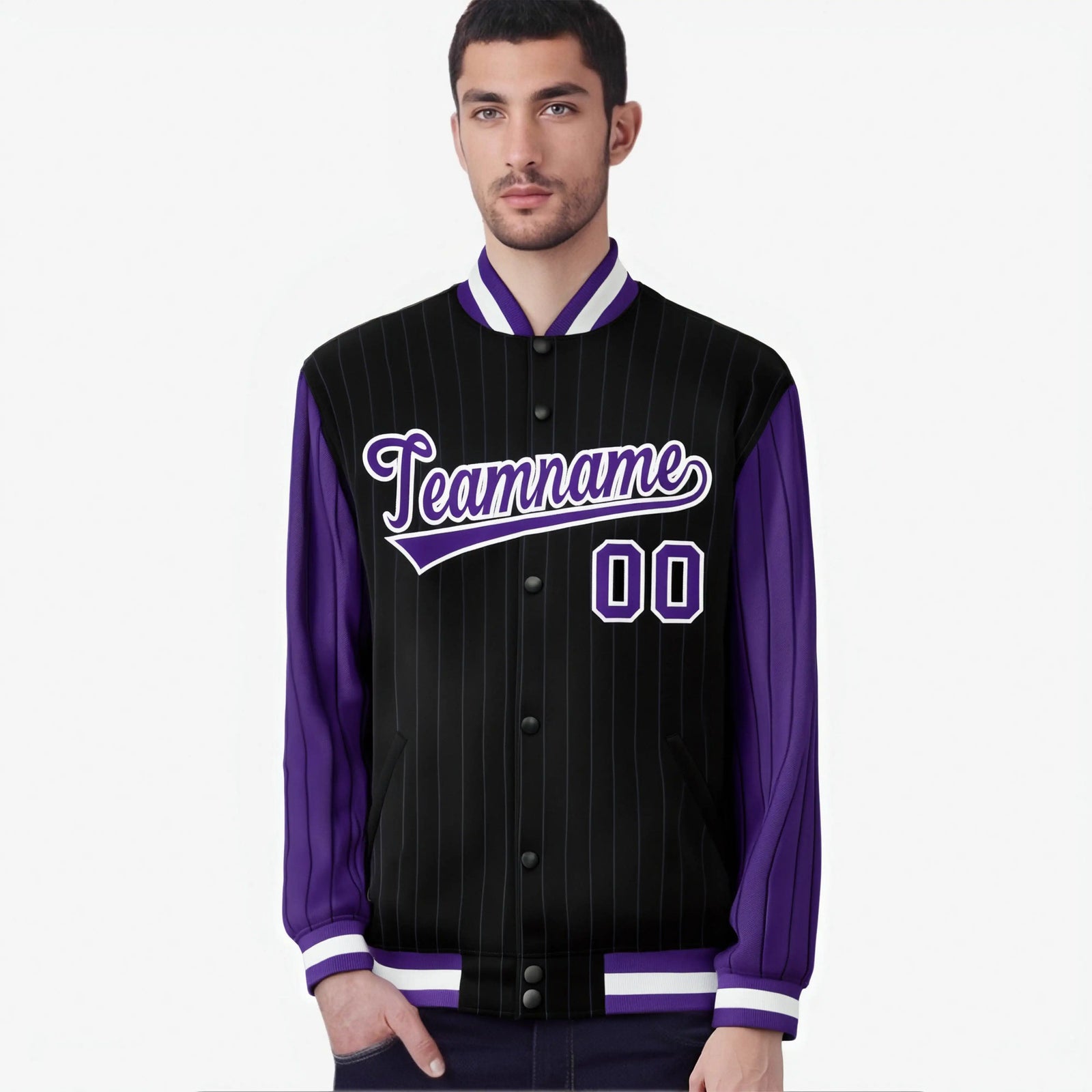Custom Black Purple-Black Personalized Stripe Fashion Letterman Bomber Varsity Jacket