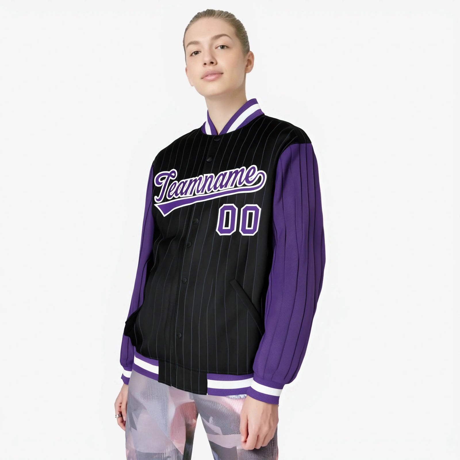 Custom Black Purple-Black Personalized Stripe Fashion Letterman Bomber Varsity Jacket