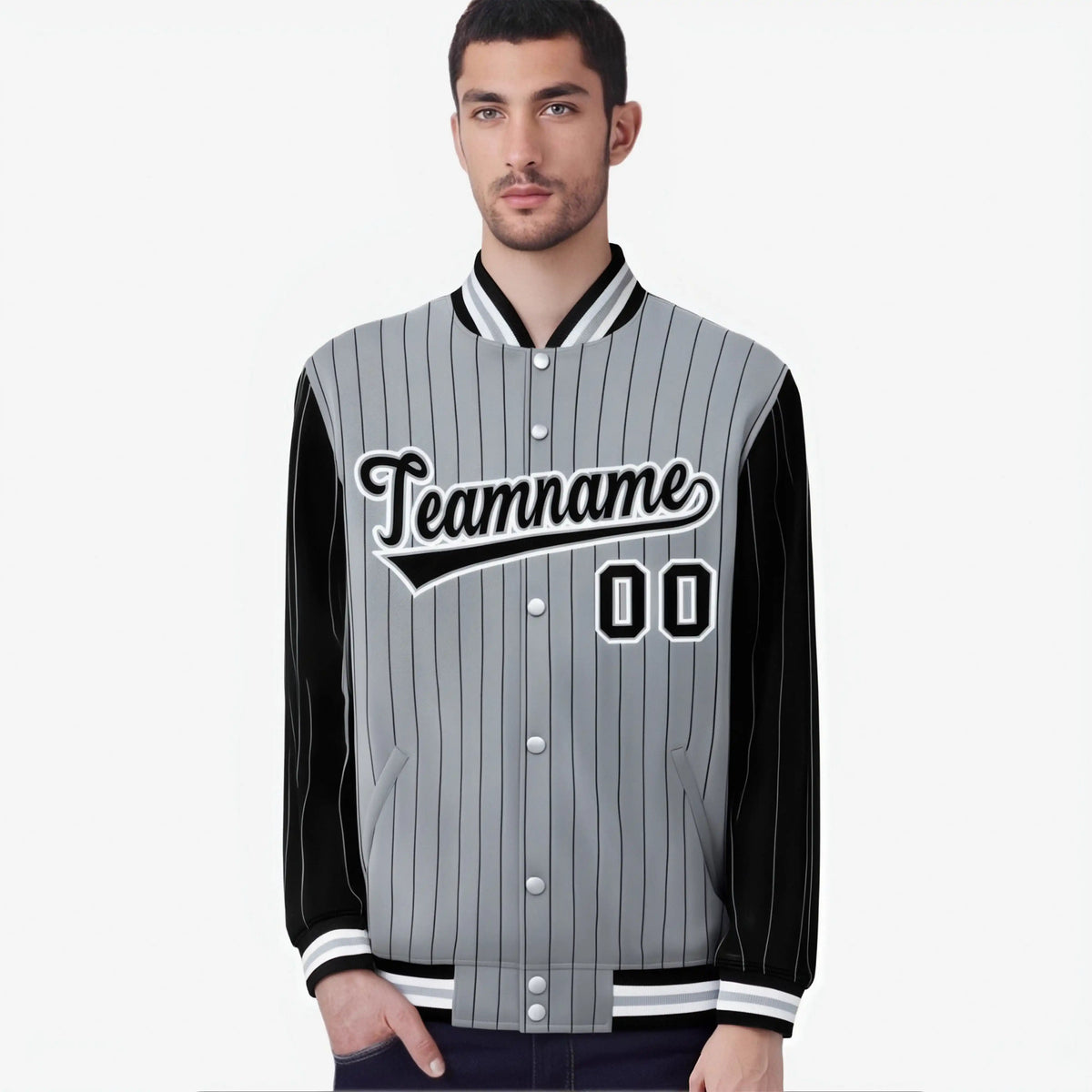 Custom Gray Black-Gray Personalized Stripe Fashion Letterman Bomber Varsity Jacket