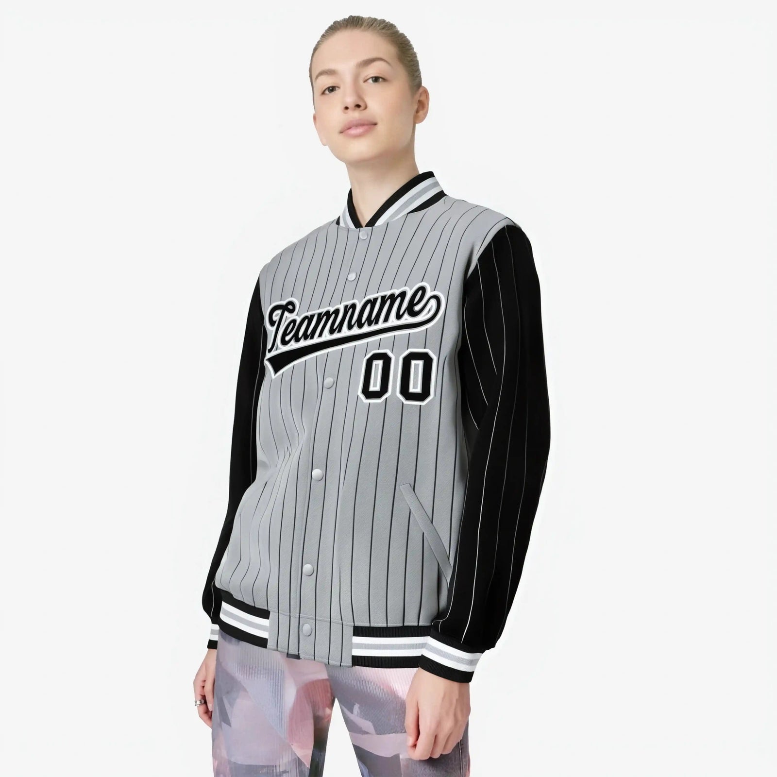 Custom Gray Black-Gray Personalized Stripe Fashion Letterman Bomber Varsity Jacket