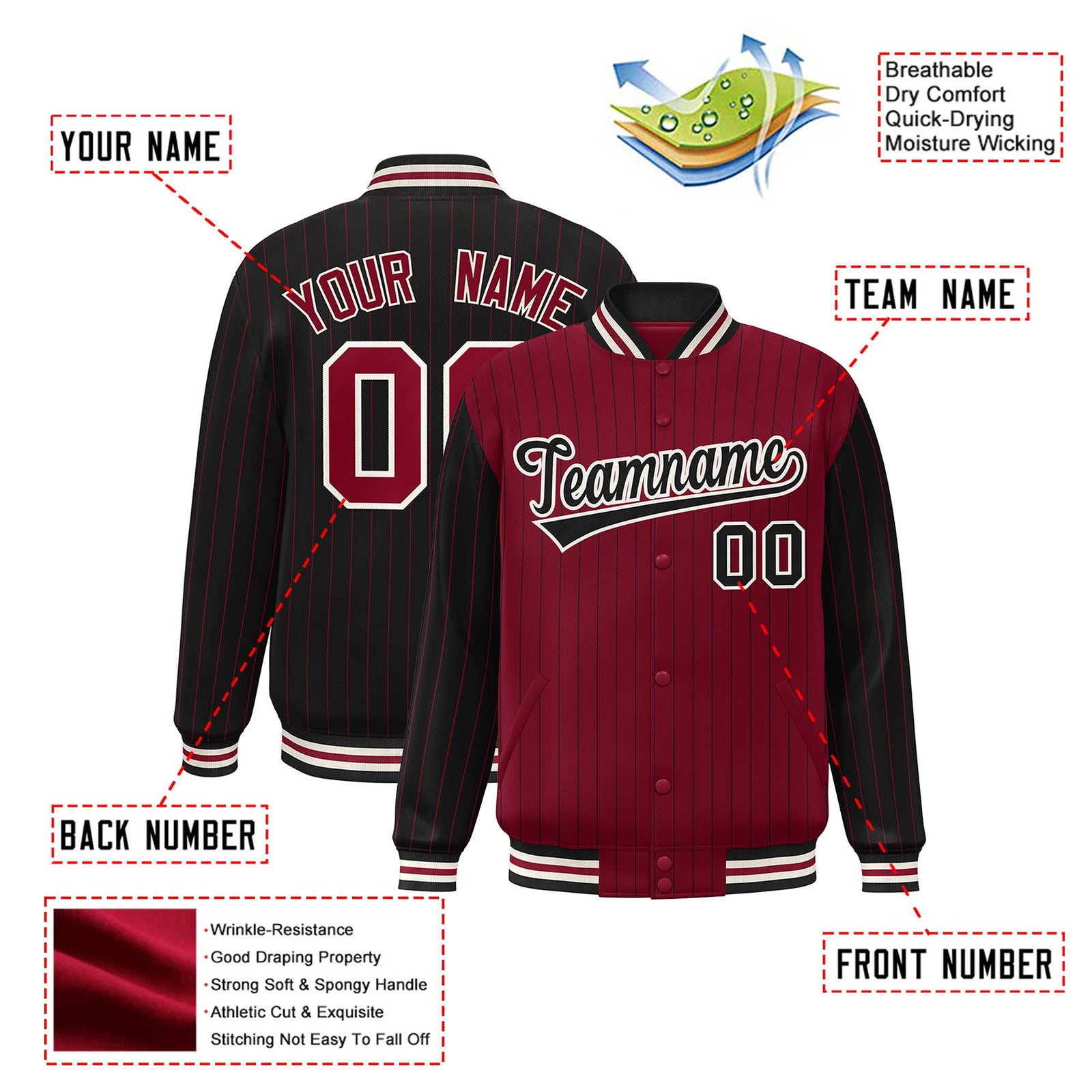 Custom Crimson Black-Crimson Personalized Stripe Fashion Letterman Bomber Varsity Jacket