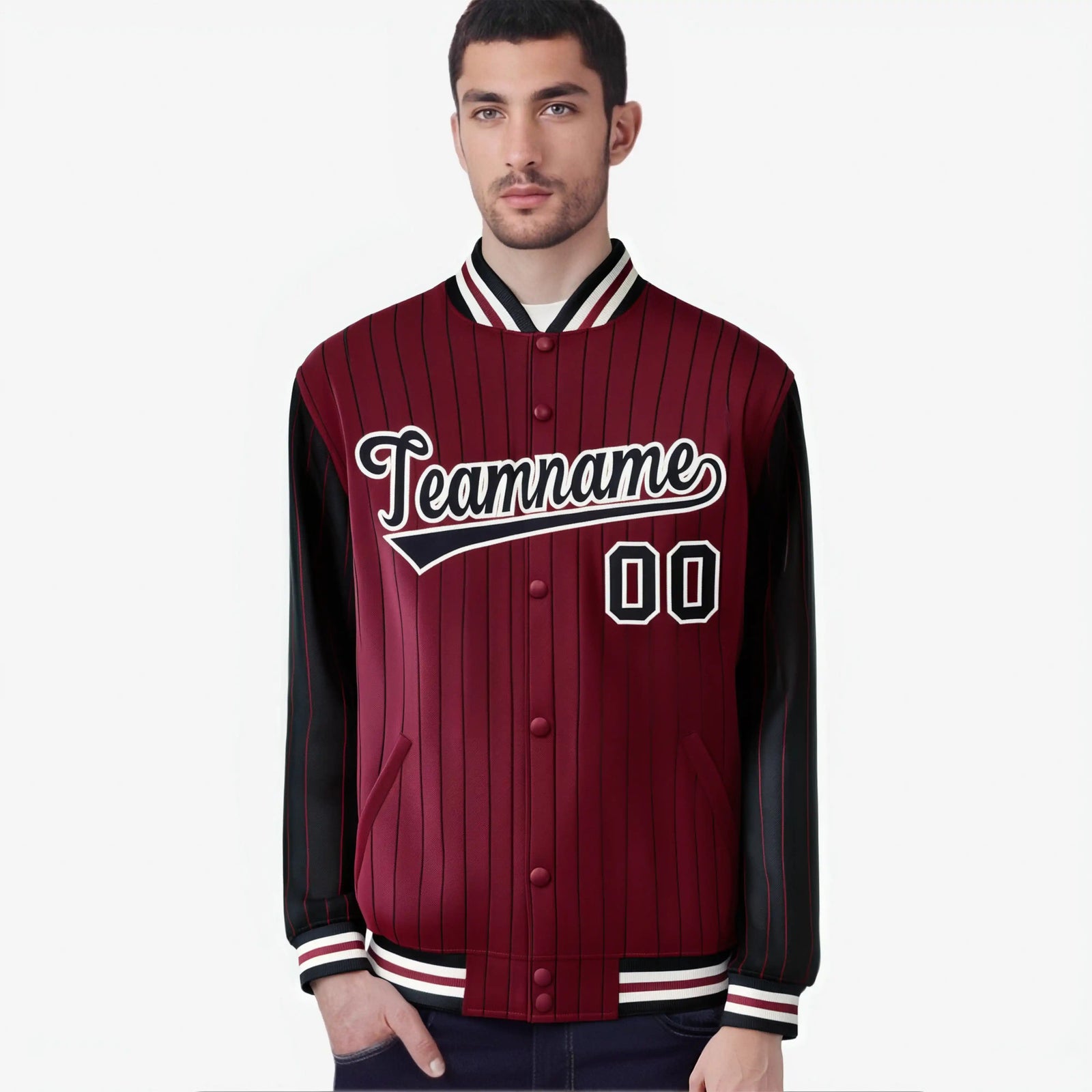 Custom Crimson Black-Crimson Personalized Stripe Fashion Letterman Bomber Varsity Jacket