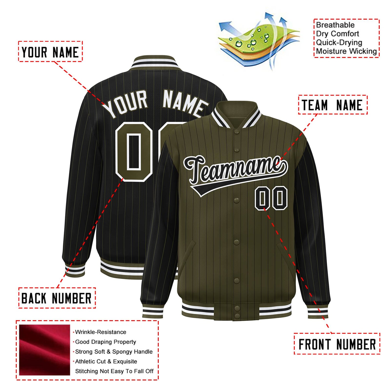 Custom Olive Black-Olive Personalized Stripe Fashion Letterman Bomber Varsity Jacket