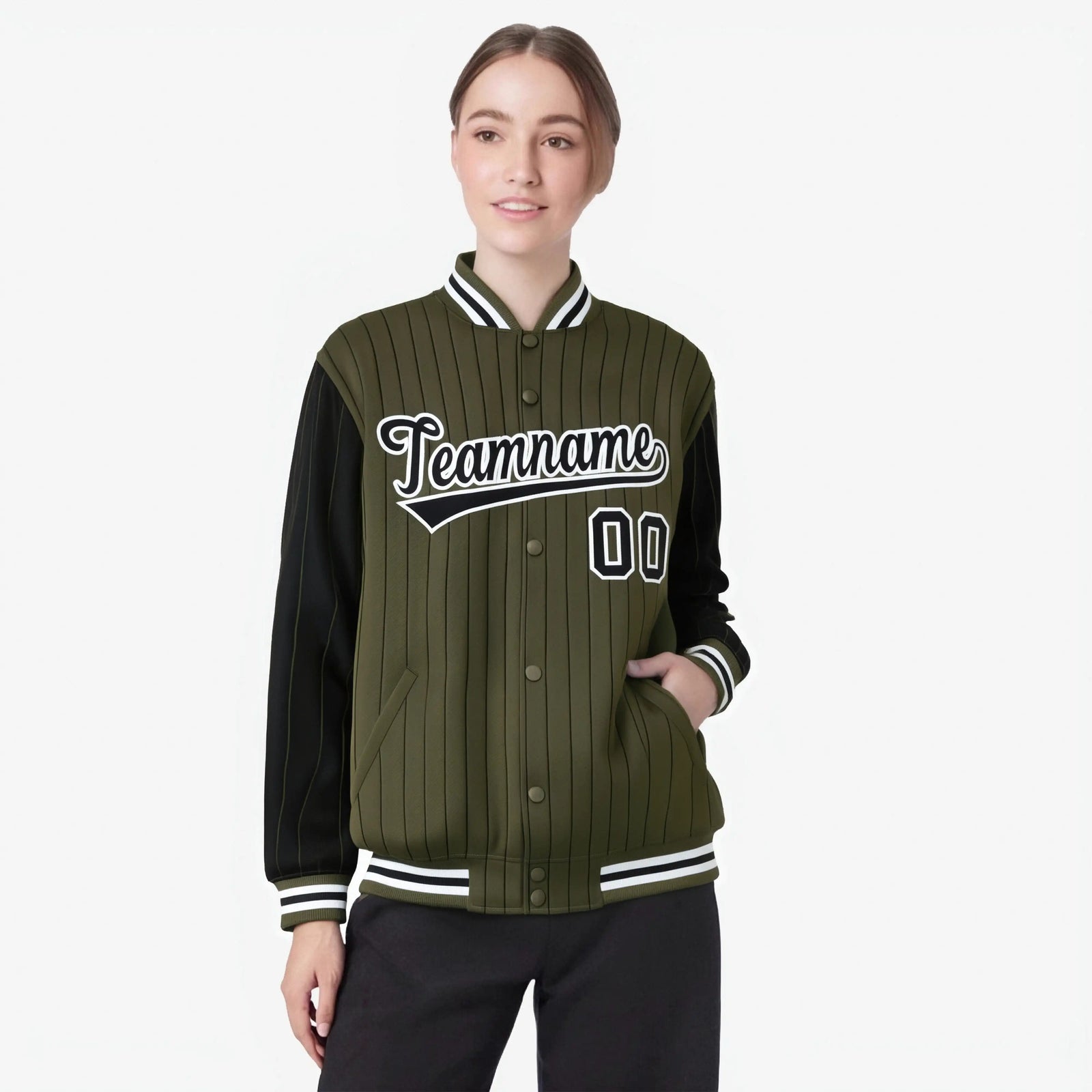 Custom Olive Black-Olive Personalized Stripe Fashion Letterman Bomber Varsity Jacket