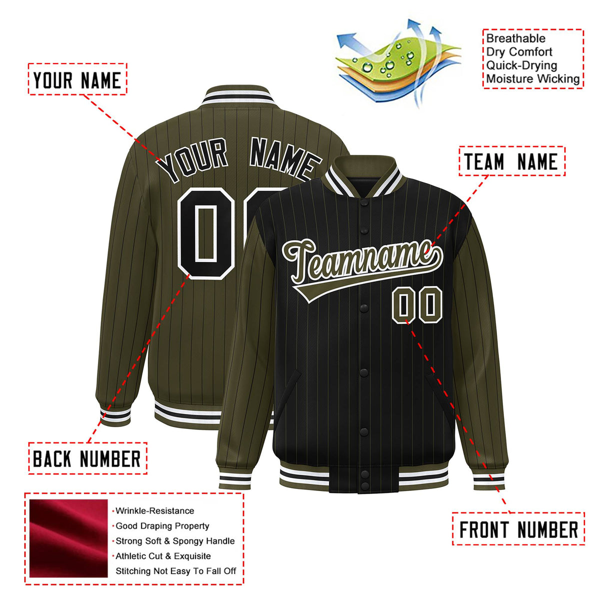 Custom Black Olive-Black Personalized Stripe Fashion Letterman Bomber Varsity Jacket