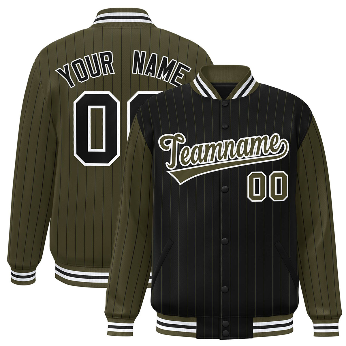 Custom Black Olive-Black Personalized Stripe Fashion Letterman Bomber Varsity Jacket