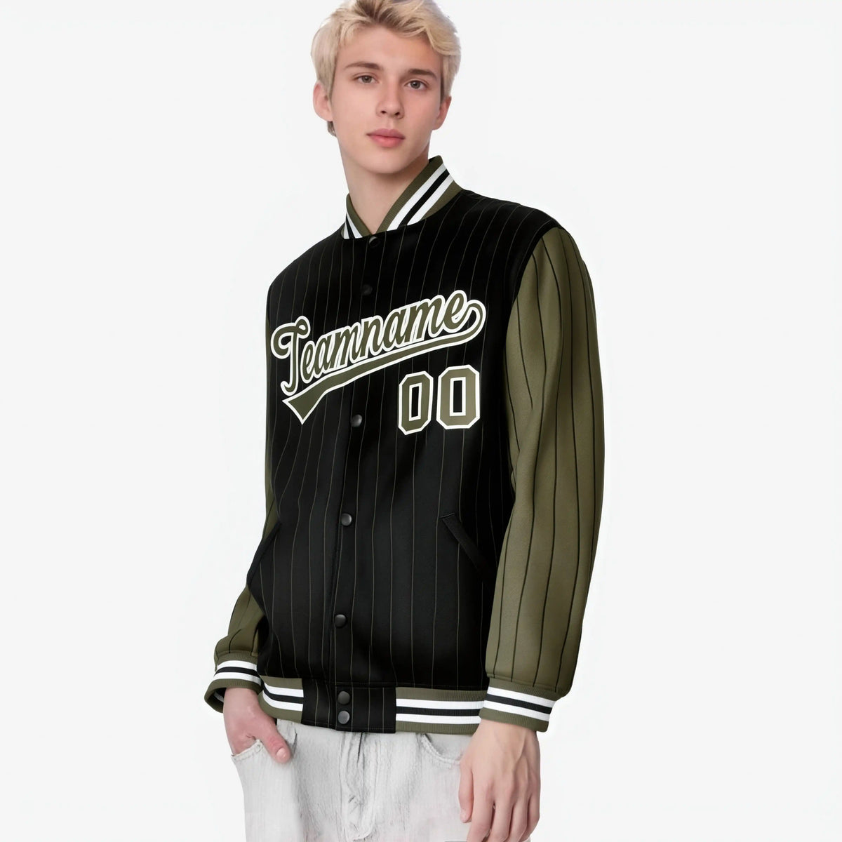 Custom Black Olive-Black Personalized Stripe Fashion Letterman Bomber Varsity Jacket