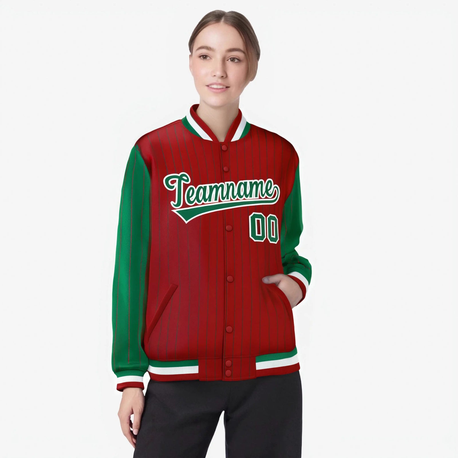 Custom Red Green-Red Personalized Stripe Fashion Letterman Bomber Varsity Jacket