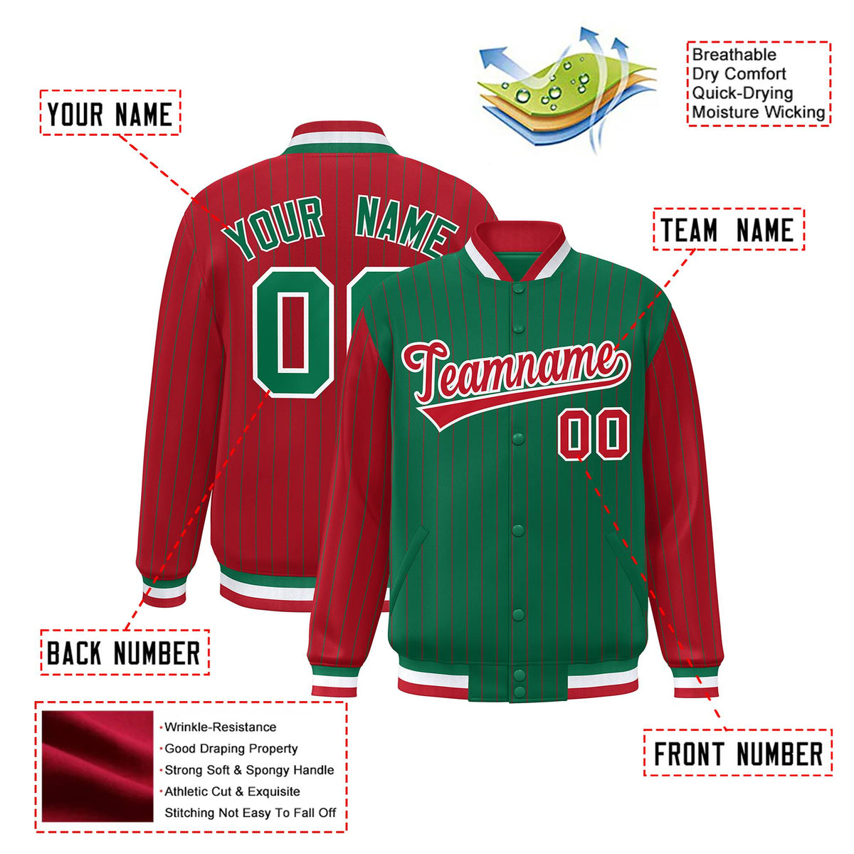 Custom Green Red-Green Personalized Stripe Fashion Letterman Bomber Varsity Jacket
