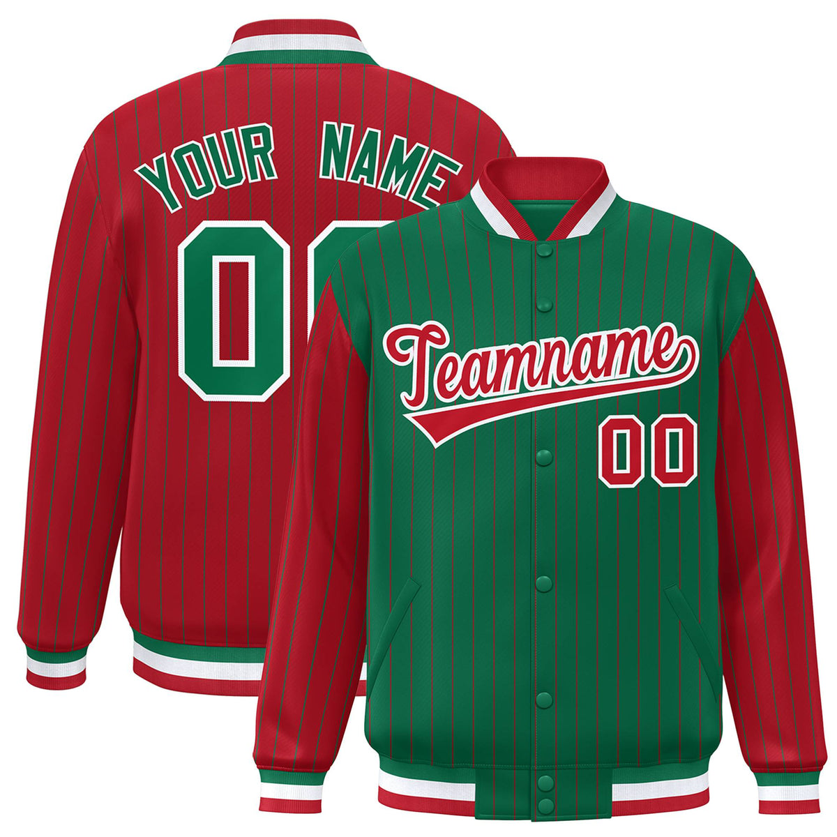 Custom Green Red-Green Personalized Stripe Fashion Letterman Bomber Varsity Jacket