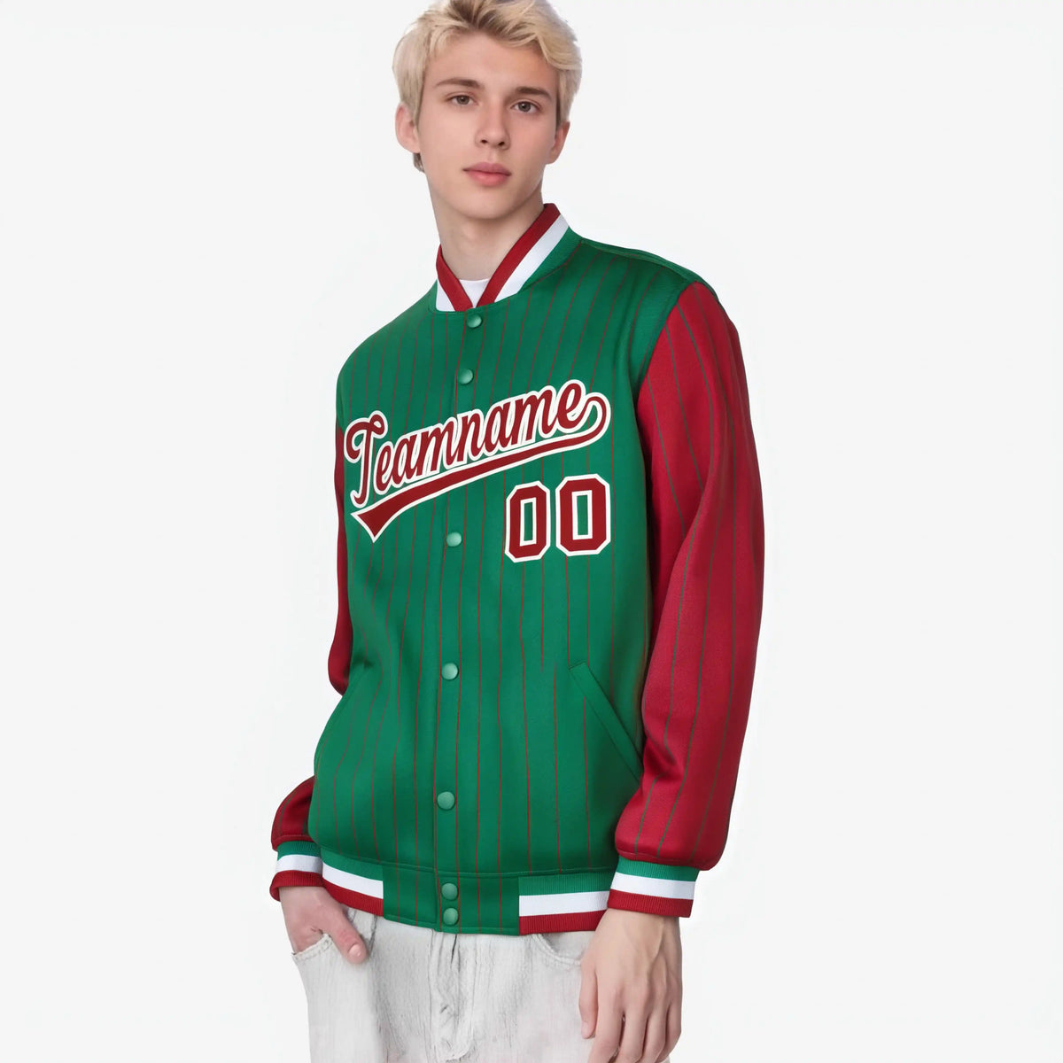 Custom Green Red-Green Personalized Stripe Fashion Letterman Bomber Varsity Jacket