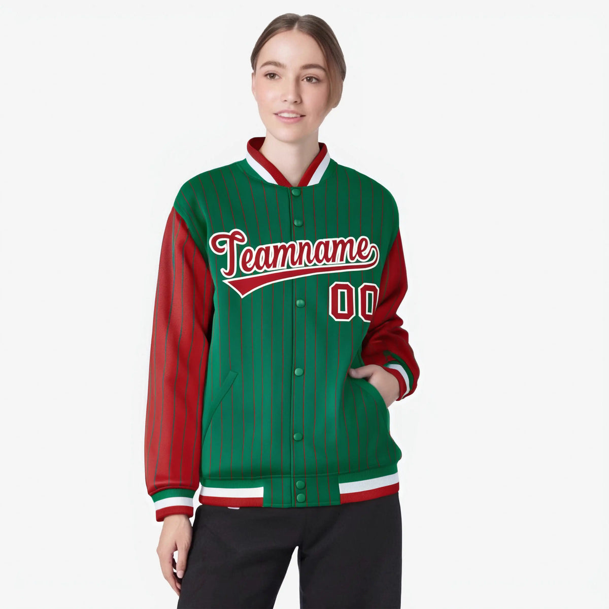Custom Green Red-Green Personalized Stripe Fashion Letterman Bomber Varsity Jacket