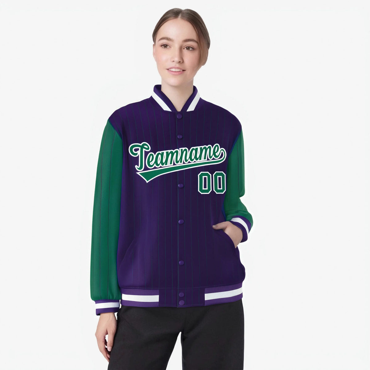 Custom Purple Green-Purple Personalized Stripe Fashion Letterman Bomber Varsity Jacket