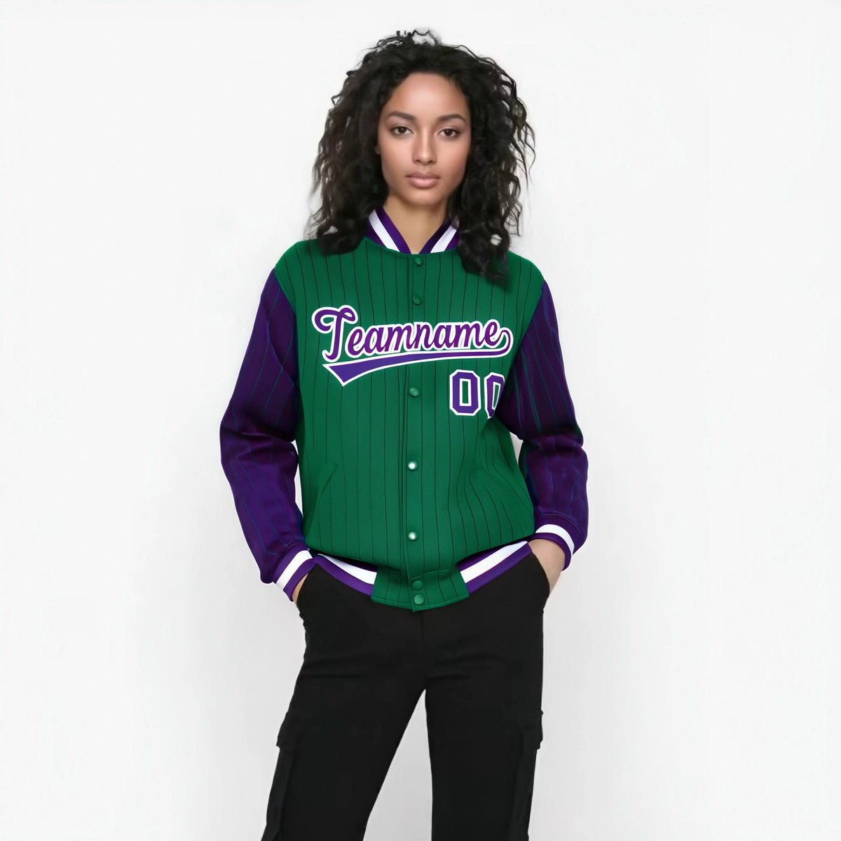 Custom Green Purple-Green Personalized Stripe Fashion Letterman Bomber Varsity Jacket