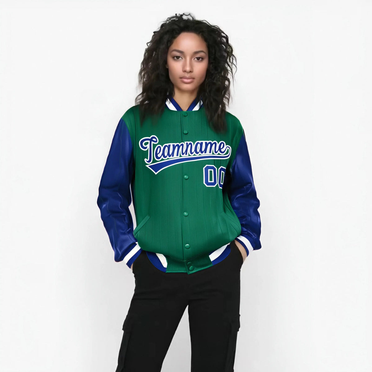 Custom Green Royal Blue-Green Personalized Stripe Fashion Letterman Bomber Varsity Jacket