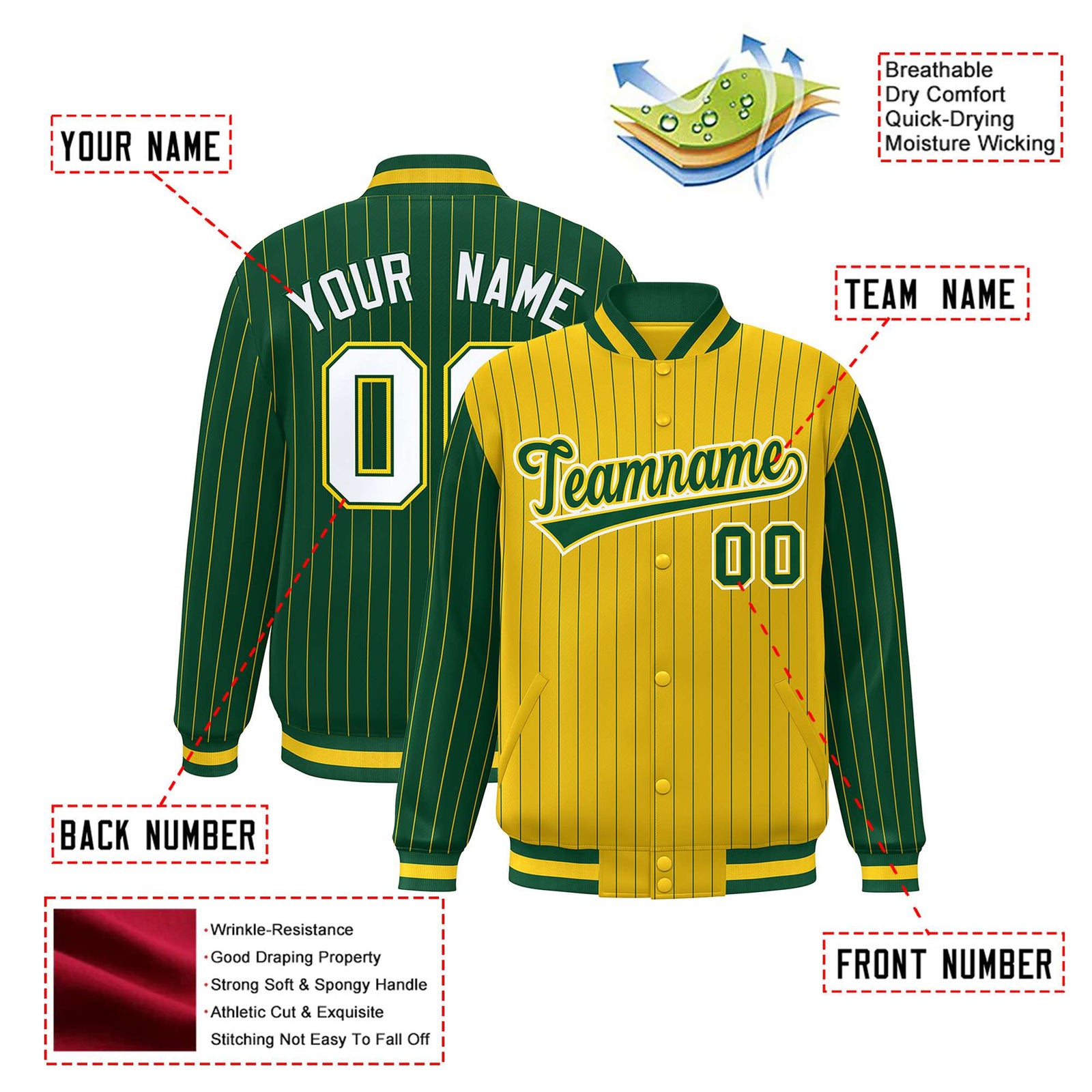 Custom Gold Green-Gold Personalized Stripe Fashion Letterman Bomber Varsity Jacket