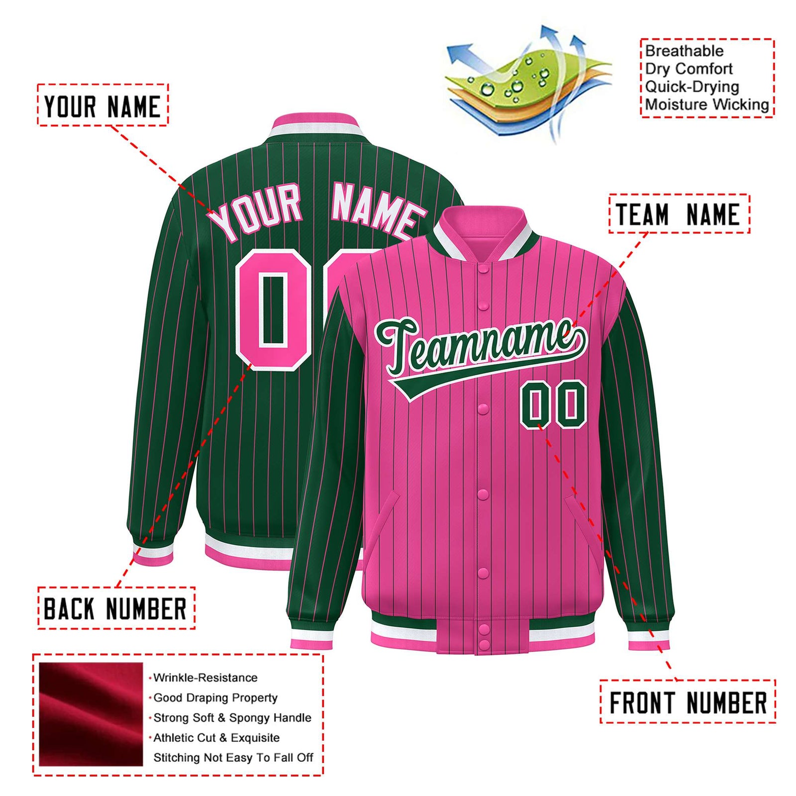 Custom Pink Green-Pink Personalized Stripe Fashion Letterman Bomber Varsity Jacket