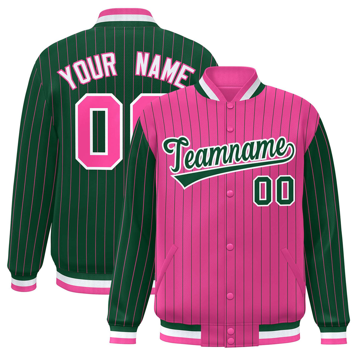 Custom Pink Green-Pink Personalized Stripe Fashion Letterman Bomber Varsity Jacket