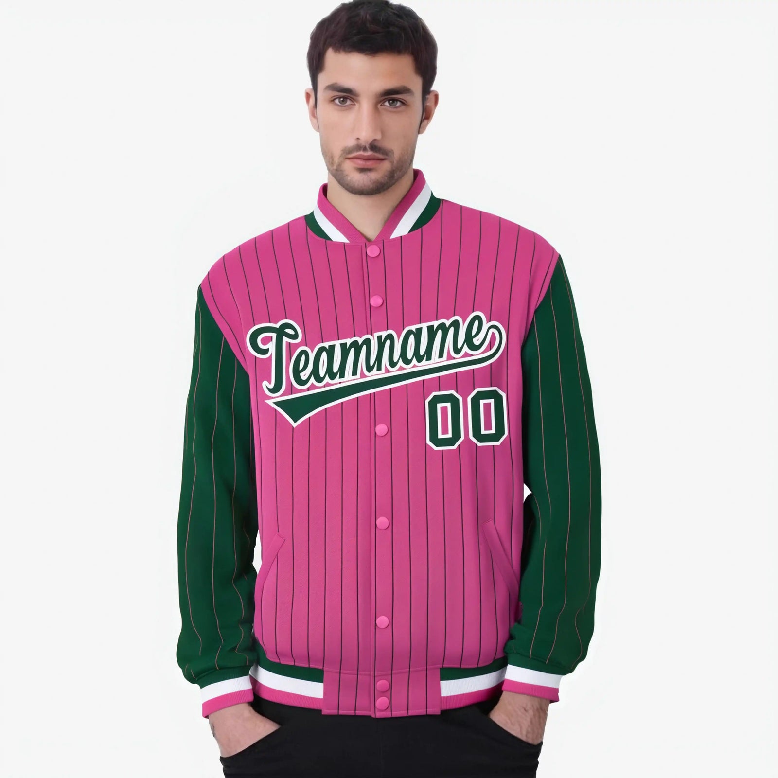 Custom Pink Green-Pink Personalized Stripe Fashion Letterman Bomber Varsity Jacket